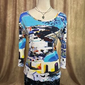 Vintage Y2K Graphic Print Shirt Mediterranean Island City Ocean 3/4 Sleeve Euro